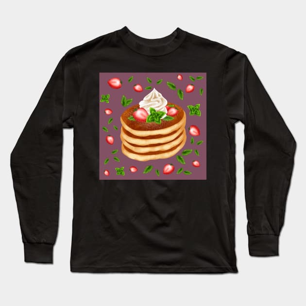 Strawberries Cream & Mint Pancake Print Long Sleeve T-Shirt by neniarts